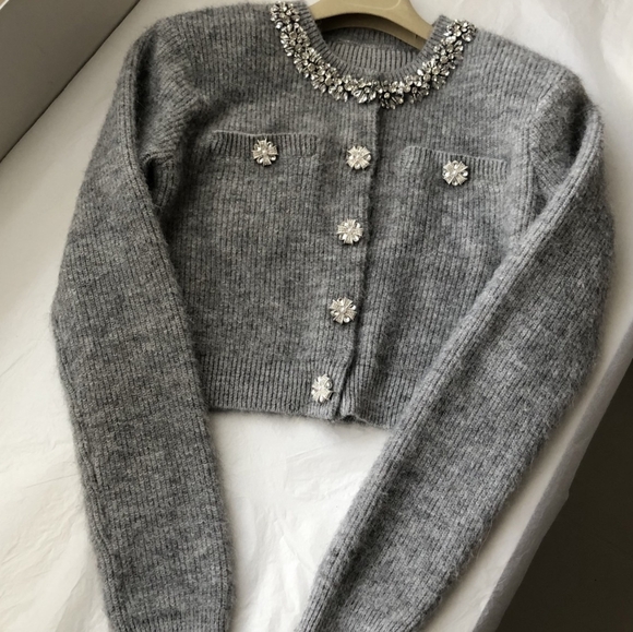 Self Portrait Grey Fluffy Crystal Trim Cardigan - Picture 6 of 13